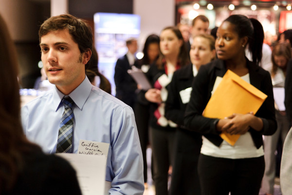 Employers often recruit at college career fairs to attract the in-demand skills they need. (Photo by Jeff Miller/UW-Madison)