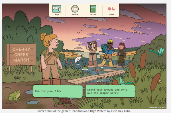 A screen grab depicts a scene from Field Day's engaging online educational game 'Headlines and High Water.' 