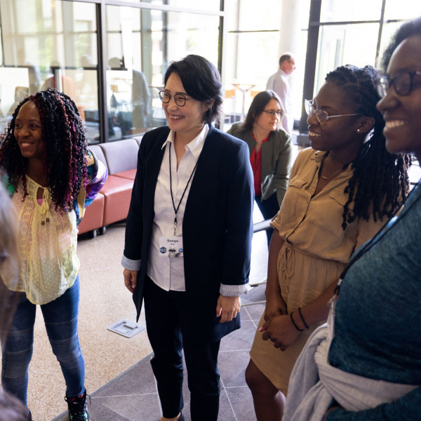 Institute fellows, from left, Ruth Akumbu, Sanga Kim, Angela Crumdy, and Geraldine Cochran enjoy a break. Photo: Sharon Varony