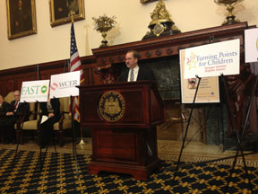 Project Principal Investigator Adam Gamoran at the podium during the packed press conference in Philadelphia City Hall