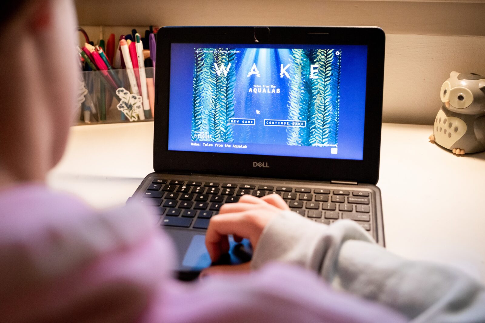 A kid plays a game called Wake, developed by WCER's Field Day Lab, on a laptop.
