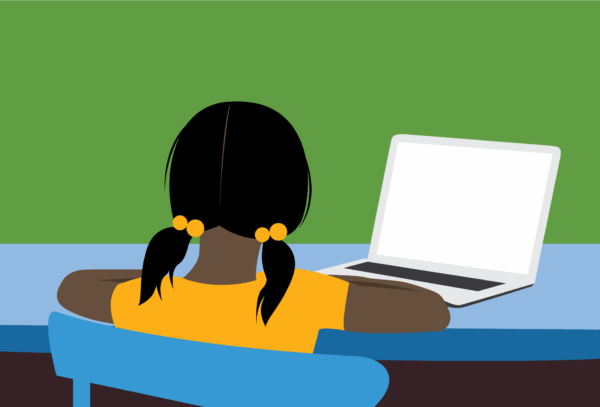 An illustration of a child working on a computer.