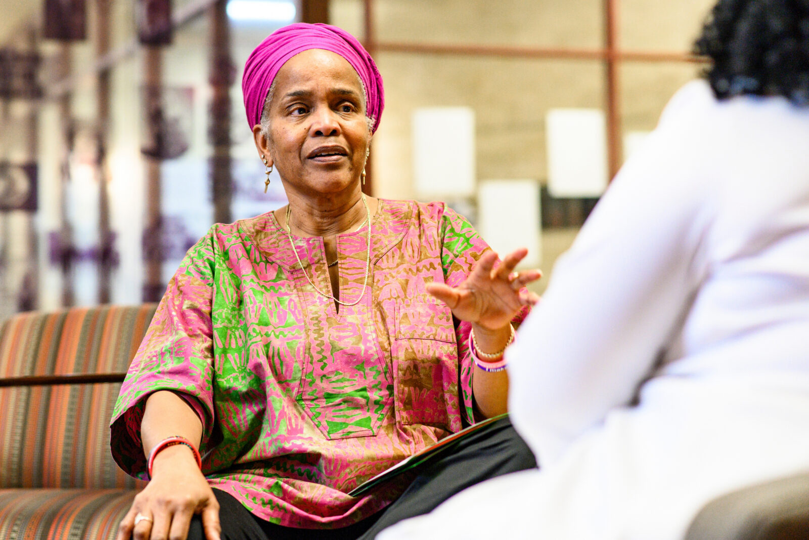 Hazel Symonette talks with a UW–Madison student during an interview in 2018.